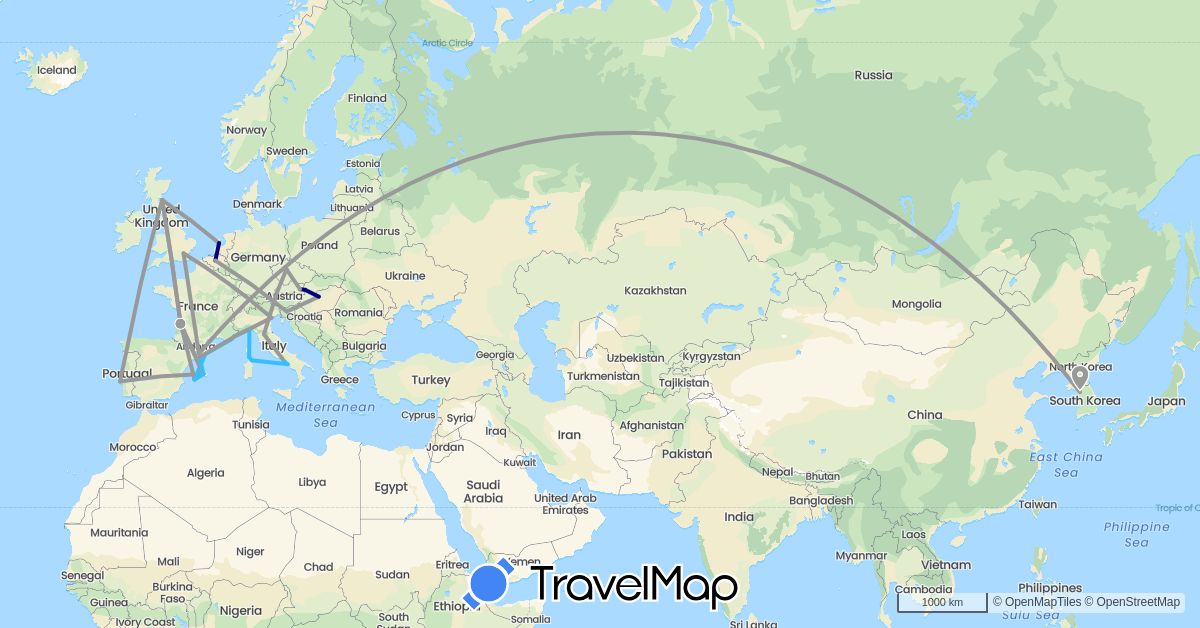 TravelMap itinerary: driving, plane, boat in Austria, Belgium, Czech Republic, Spain, France, United Kingdom, Hungary, Italy, South Korea, Netherlands, Portugal, Slovenia, Slovakia (Asia, Europe)